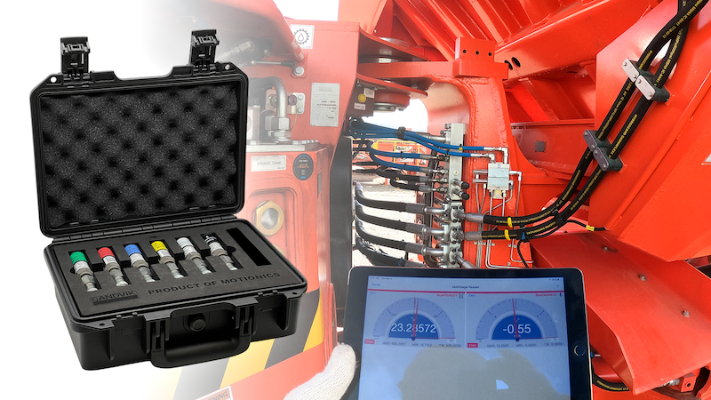 Sandvik SHOT Kit with wireless dial indicators measuring deflection on industrial machinery, displayed on tablet