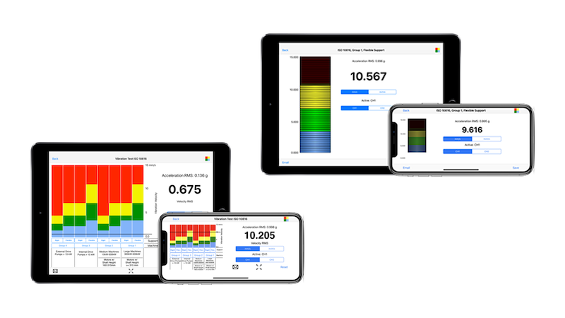 Motionics VibraTest Pro app displaying real-time vibration analysis data on tablets and smartphones