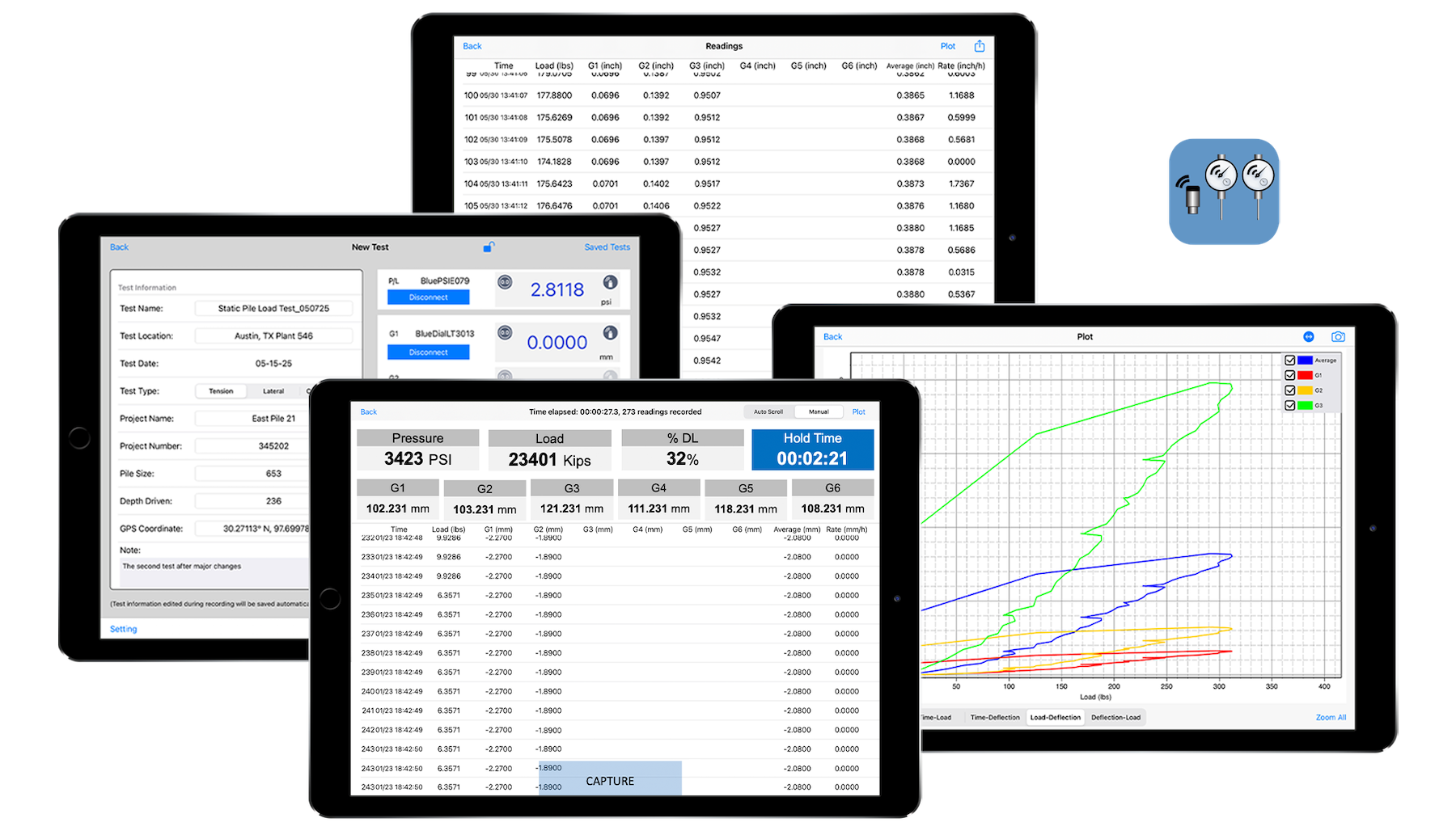 PileSense iPad interface displaying pile load test data input, live readings, and deflection graph