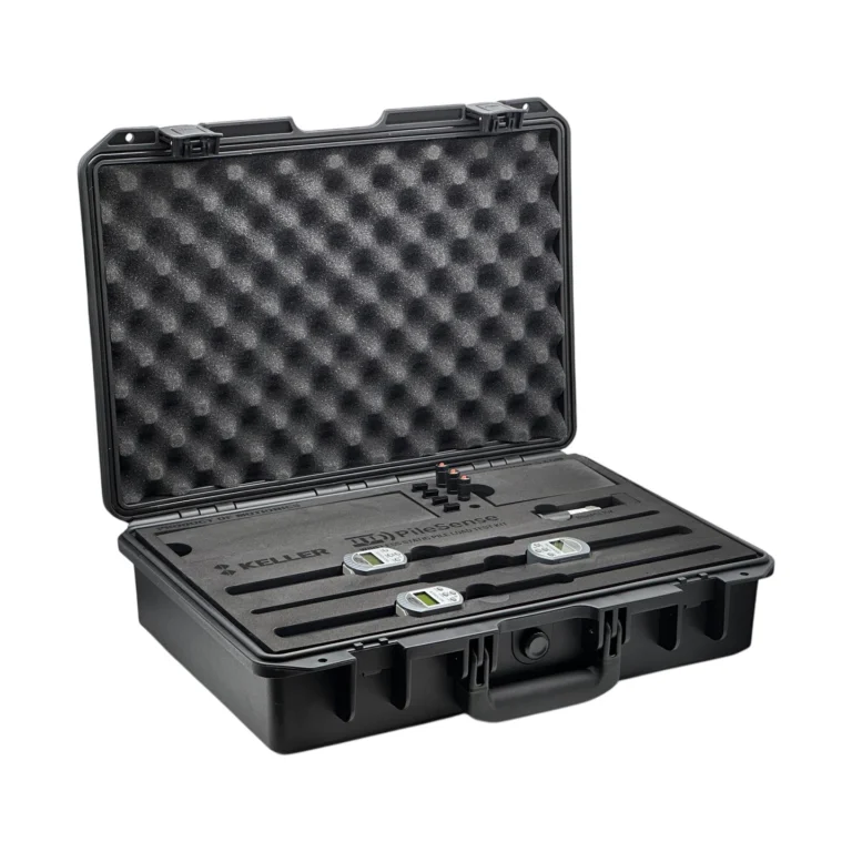 PileSense™: Wireless Load Deflection Test Kit – This PileSense™ Kit includes 3x BlueDial Bluetooth Digital Dial Indicators, 3x WiMER and 1x BluePSI Bluetooth Pressure Sensor in custom laser-cut foam with Keller company branding. #PileSense #WirelessMeasurement #CustomApplicationKit [Ref: 1202250516]