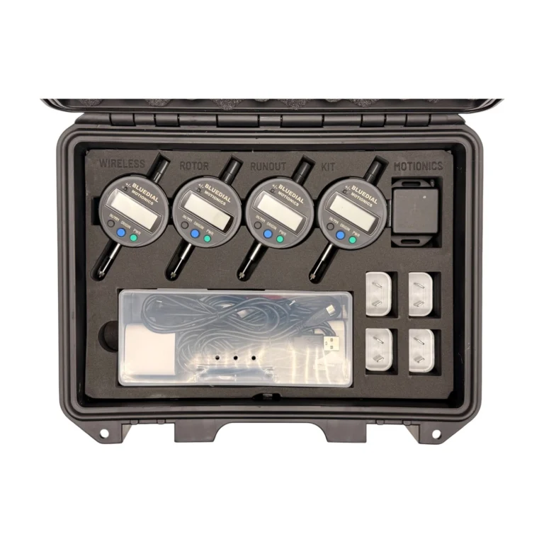 Wireless Rotor Runout Kit – This Wireless Rotor Runout Kit includes 4x BlueDial Bluetooth Digital Dial Indicators, 1x BlueAngle and an iPad plus accessories in a protective carrying case with custom laser-cut foam for transport and storage. #RotorRunout #WirelessMeasurement #CustomApplicationKit [Ref: 1229250935]