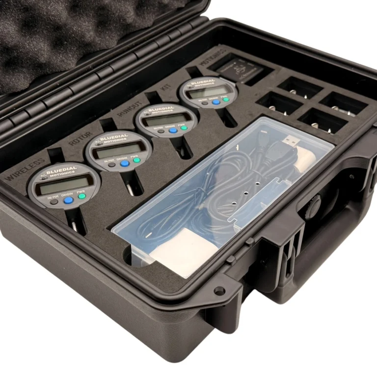 Wireless Rotor Runout Kit – This Wireless Rotor Runout Kit includes 4x BlueDial Bluetooth Digital Dial Indicators, 1x BlueAngle and an iPad plus accessories in a protective carrying case with custom laser-cut foam for transport and storage. #RotorRunout #WirelessMeasurement #CustomApplicationKit [Ref: 1229250935]