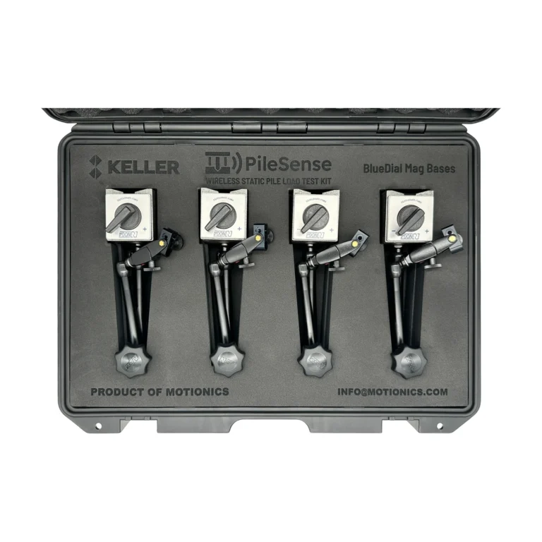 REF: 0428261204 | This PileSense wireless load deflection test kit (1/2) was designed for Keller and includes 4x BlueDial Bluetooth digital dial indicators, 1x BluePSI Bluetooth pressure sensor and 1x T-Adapter with 38 Coupling in a protective carrying case with custom laser-cut foam.
#PileSense #WirelessMeasurement #CustomApplicationKit