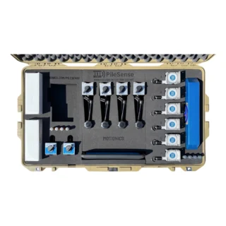 PileSense™: Wireless Load Deflection Test Kit – This large custom PileSense™ kit includes 6x BluePot Bluetooth String Pots, 1x BlueForce Wireless Tension Load Cell, 6x MagBase and 1x iPad in protective case. All items are secured in a large protective carrying case with custom laser-cut foam. #PileSense #WirelessMeasurement #CustomApplicationKit [Ref: 0320260313]