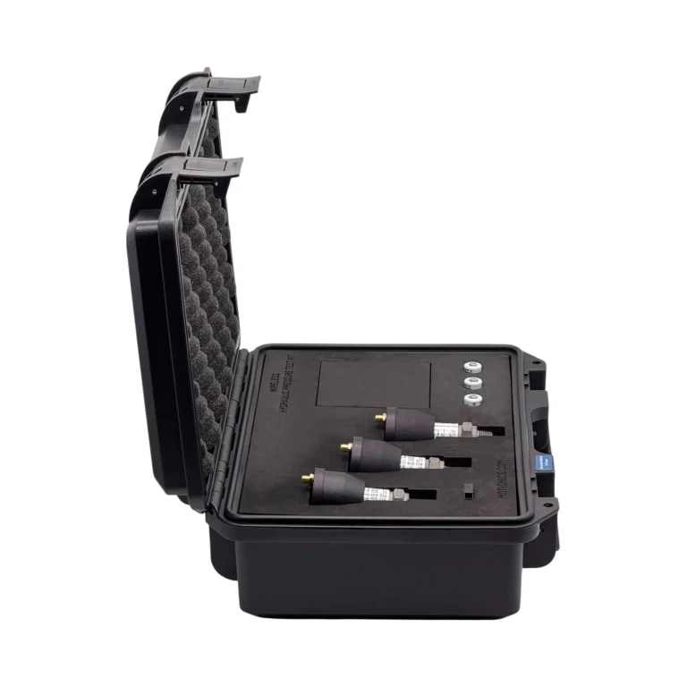 This custom Wireless Hydraulic Pressure Test Kit includes 3x BluePSI D Bluetooth pressure sensors with external long range antenna in a protective carrying case with custom laser-cut foam. #WirelessHydraulicTestKit #WirelessMeasurement #CustomApplicationKit [Ref: 0528260318]