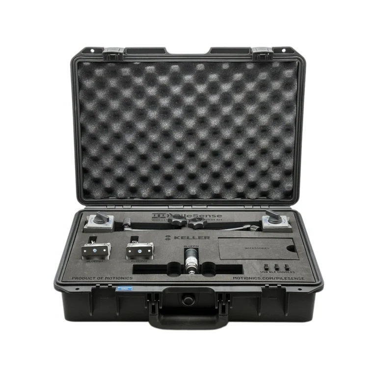 PileSense™: Wireless Load Deflection Test Kit – This PileSense™ Kit includes 2x BluePot Bluetooth String Pots, 2x MagBases and 1x BluePSI Bluetooth Pressure Sensor in custom laser-cut foam with Keller company branding. #PileSense #WirelessMeasurement #CustomApplicationKit [Ref: 1029250112]