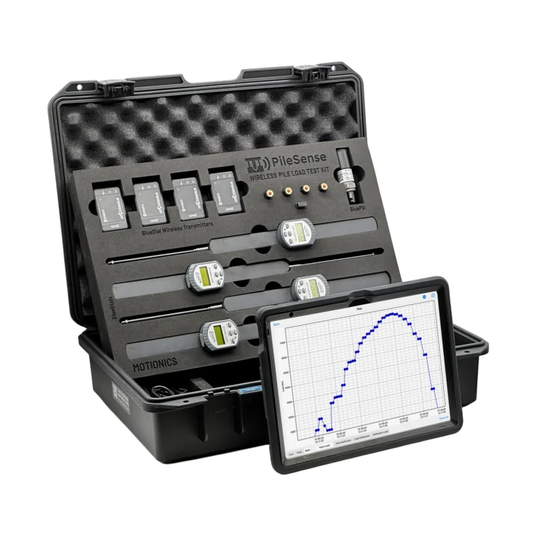 PileSense™: Wireless Load Deflection Test Kit – This PileSense™ Kit includes 4x BlueDial Bluetooth Digital Dial Indicators, 4x WiMER and 1x BluePSI Bluetooth Pressure Sensor an iPad plus accessories in a protective case with custom laser-cut foam. #PileSense #WirelessMeasurement #CustomApplicationKit [Ref: 1203250850]