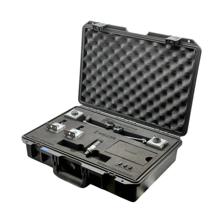 PileSense™: Wireless Load Deflection Test Kit – This PileSense™ Kit includes 2x BluePot Bluetooth String Pots, 2x MagBases and 1x BluePSI Bluetooth Pressure Sensor in custom laser-cut foam with Keller company branding. #PileSense #WirelessMeasurement #CustomApplicationKit [Ref: 1029250112]