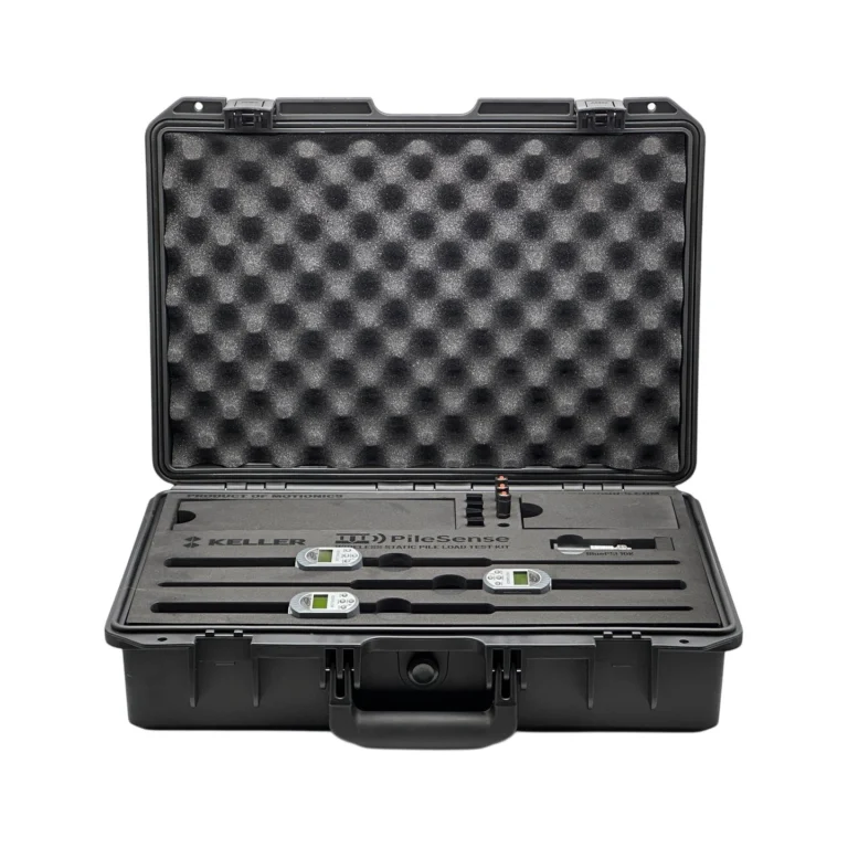 PileSense™: Wireless Load Deflection Test Kit – This PileSense™ Kit includes 3x BlueDial Bluetooth Digital Dial Indicators, 3x WiMER and 1x BluePSI Bluetooth Pressure Sensor in custom laser-cut foam with Keller company branding. #PileSense #WirelessMeasurement #CustomApplicationKit [Ref: 1202250516]