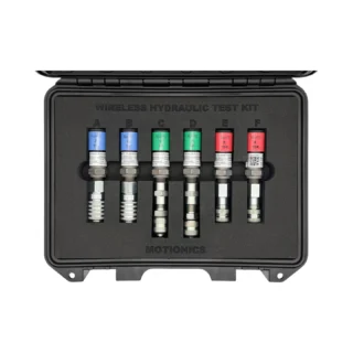 This Wireless Hydraulic Pressure Test Kit is a modified Standard Kit 5. It includes 2x BluePSI 1K, 2x BluePSI 5K and 2x BluePSI 10K Bluetooth pressure sensors with additional Sandvik ¼-18NPT to M16x2 male and female adapters plus quick connect coupling for CAT. Sensors and accessories secured in a protective carrying case with custom laser-cut foam. #WirelessHydraulicTestKit #WirelessMeasurement #CustomApplicationKit [Ref: 0324261213]