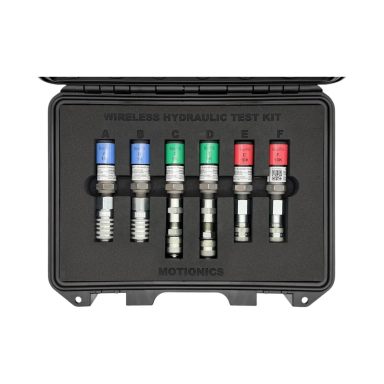 This Wireless Hydraulic Pressure Test Kit is a modified Standard Kit 5. It includes 2x BluePSI 1K, 2x BluePSI 5K and 2x BluePSI 10K Bluetooth pressure sensors with additional Sandvik ¼-18NPT to M16x2 male and female adapters plus quick connect coupling for CAT. Sensors and accessories secured in a protective carrying case with custom laser-cut foam. #WirelessHydraulicTestKit #WirelessMeasurement #CustomApplicationKit [Ref: 0324261213]