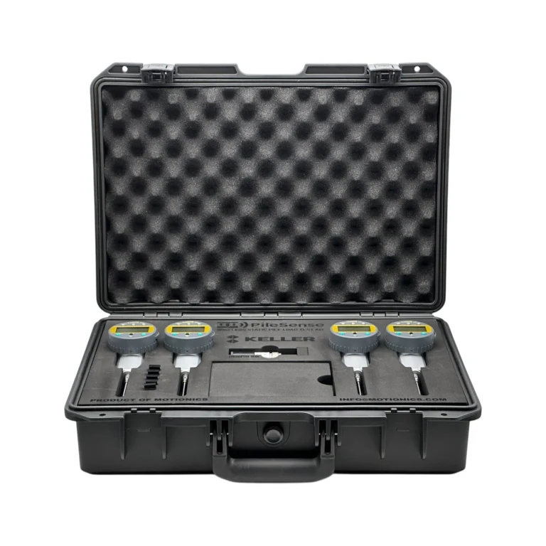 PileSense™: Wireless Load Deflection Test Kit – This PileSense™ Kit includes 4x BlueDial Bluetooth Digital Dial Indicators and 1x BluePSI Bluetooth Pressure Sensor in custom laser-cut foam with Keller company branding. #PileSense #WirelessMeasurement #CustomApplicationKit [Ref: 1202251111]