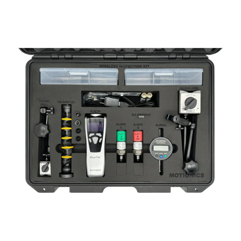 Wireless Inspection Kit – This custom kit includes 2x BluePSI Bluetooth Pressure Sensors, 1x BlueDial Bluetooth Digital Dial Indicator, 1x MagBase for BlueDial, 1x BlueTak Bluetooth Tachometer with 1x Flexible MagBase and 1x Small MagBase plus accessories. These tools are integrated into a protective carrying case with custom laser-cut foam. #WirelessInspectionKit #WirelessMeasurement #CustomApplicationKit [Ref: 1203250103]