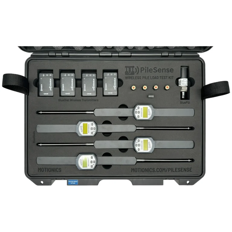 PileSense™: Wireless Load Deflection Test Kit – This PileSense™ Kit includes 4x BlueDial Bluetooth Digital Dial Indicators, 4x WiMER and 1x BluePSI Bluetooth Pressure Sensor an iPad plus accessories in a protective case with custom laser-cut foam. #PileSense #WirelessMeasurement #CustomApplicationKit [Ref: 1203250850]