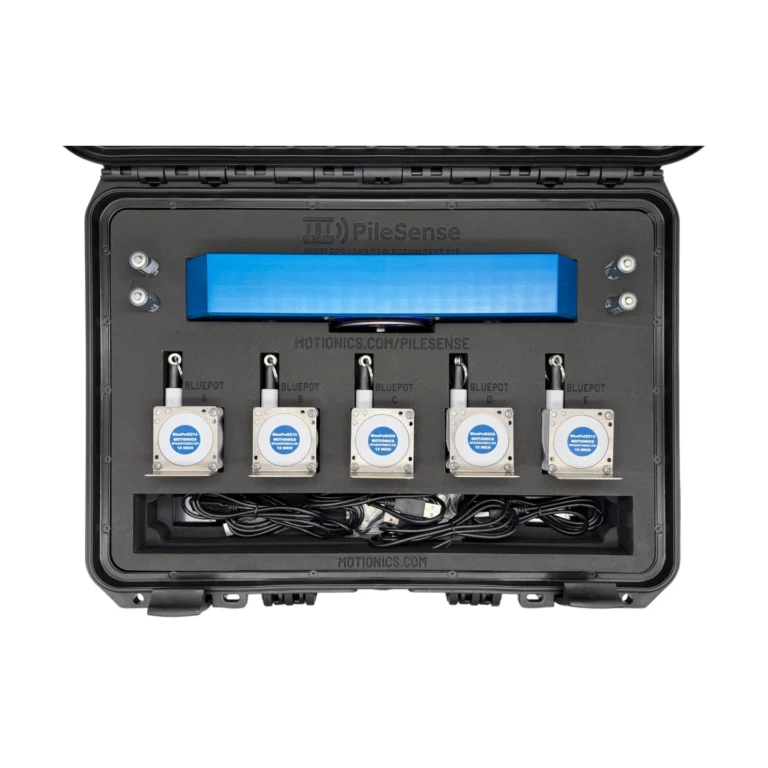PileSense™: Wireless Load Deflection Test Kit – This PileSense™ Kit includes 5x BluePot Bluetooth String Pots and 1x Tension Load Cell in a protective carrying case with custom laser-cut foam. #PileSense #WirelessMeasurement #CustomApplicationKit [Ref: 1030251203]