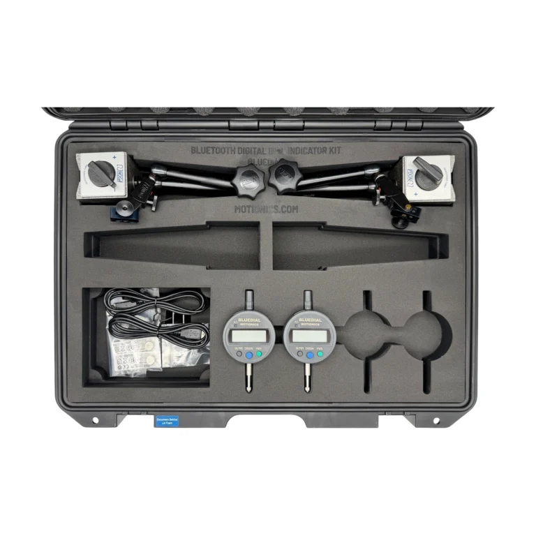 REF: 0429260515 | This BlueDial kit includes 2x BlueDial Bluetooth digital dial indicators and 2x MagBase magnetic bases in a protective carrying case with custom laser-cut foam. This kit also includes additional cutouts for the client's existing dials and bases.
#BlueDial #WirelessMeasurement #CustomApplicationKit