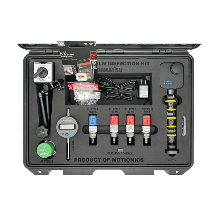 Wireless ELW Inspection Kit – This custom ELW Inspection Kit was designed for Komatsu for eliminating live work, improving safety, accuracy and efficiency. This kit includes 4x BluePSI Bluetooth Pressure Sensors, 1x BlueDial Bluetooth Digital Dial Indicator, 1x VibeSense Triaxial Accelerometer, 1x MagBase for BlueDial plus 1x GoPro with accessories. These tools are integrated into a protective carrying case with custom laser-cut foam and Komatsu company branding. #WirelessInspectionKit #WirelessMeasurement #CustomApplicationKit [Ref: 1203251229]