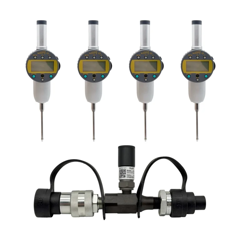 REF: 0428261204 | This PileSense wireless load deflection test kit (1/2) was designed for Keller and includes 4x BlueDial Bluetooth digital dial indicators, 1x BluePSI Bluetooth pressure sensor and 1x T-Adapter with 38 Coupling in a protective carrying case with custom laser-cut foam.
#PileSense #WirelessMeasurement #CustomApplicationKit