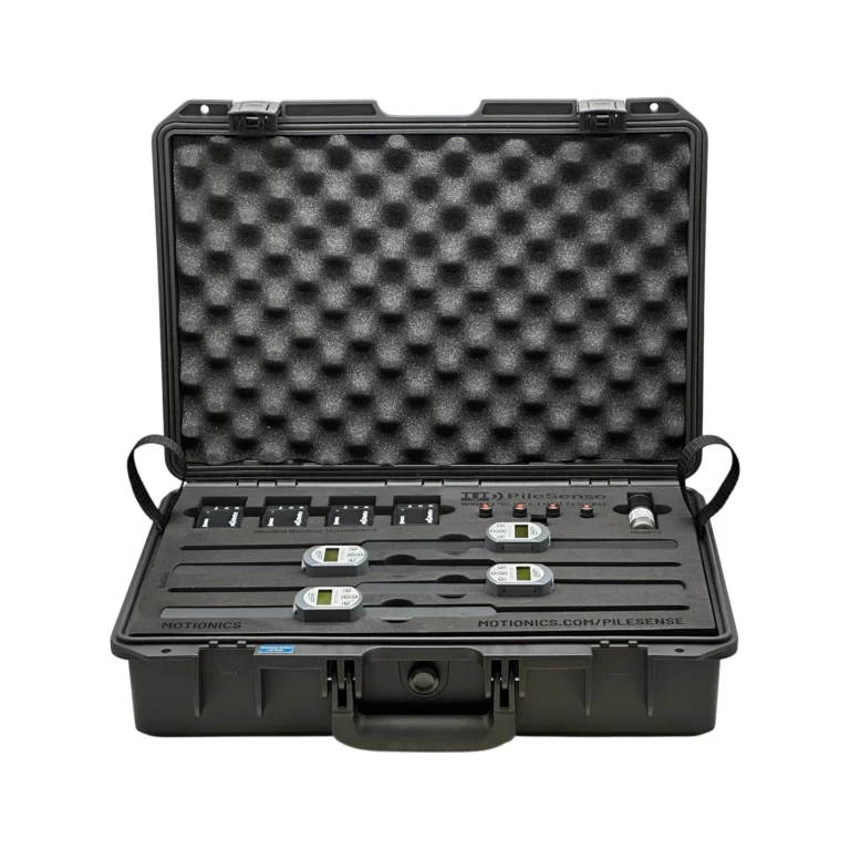 PileSense™: Wireless Load Deflection Test Kit – This PileSense™ Kit includes 4x BlueDial Bluetooth Digital Dial Indicators, 4x WiMER and 1x BluePSI Bluetooth Pressure Sensor an iPad plus accessories in a protective case with custom laser-cut foam. #PileSense #WirelessMeasurement #CustomApplicationKit [Ref: 1203250850]