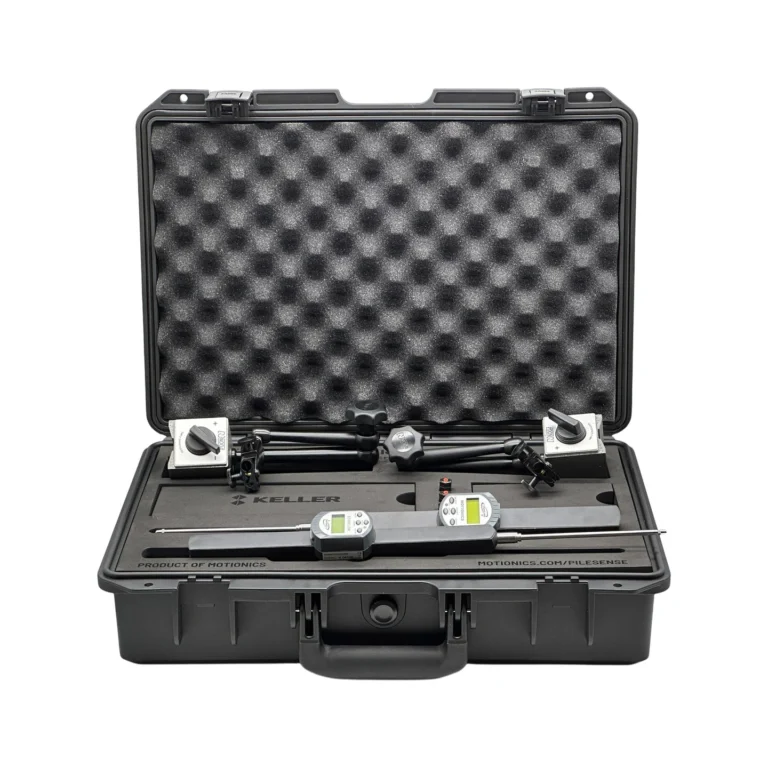 PileSense™ Wireless Load Deflection Test Kit – This PileSense™ kit includes 2x BlueDial Bluetooth Digital Dial Indicators and 2x MagBases with accessories in a protective carrying case with custom laser-cut foam and Keller company branding. #PileSense #WirelessMeasurement #CustomApplicationKit [Ref: 1203251044]