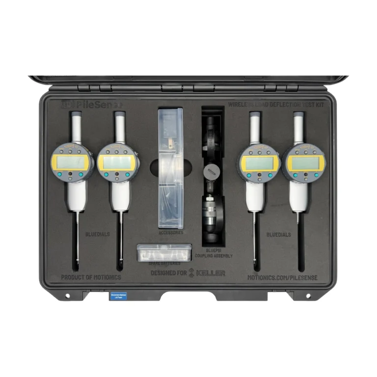 REF: 0428261204 | This PileSense wireless load deflection test kit (1/2) was designed for Keller and includes 4x BlueDial Bluetooth digital dial indicators, 1x BluePSI Bluetooth pressure sensor and 1x T-Adapter with 38 Coupling in a protective carrying case with custom laser-cut foam.
#PileSense #WirelessMeasurement #CustomApplicationKit