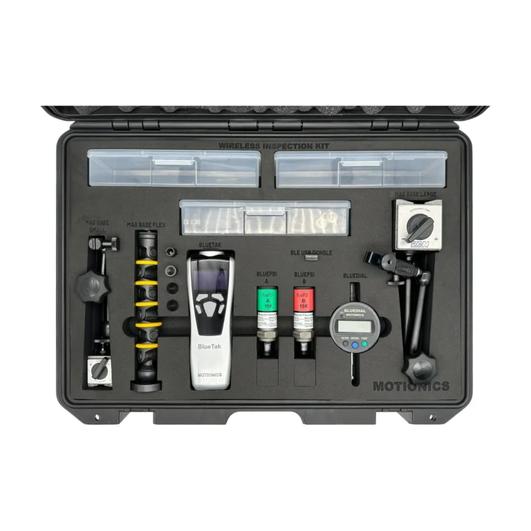 Wireless Inspection Kit – This custom kit includes 2x BluePSI Bluetooth Pressure Sensors, 1x BlueDial Bluetooth Digital Dial Indicator, 1x MagBase for BlueDial, 1x BlueTak Bluetooth Tachometer with 1x Flexible MagBase and 1x Small MagBase plus accessories. These tools are integrated into a protective carrying case with custom laser-cut foam. #WirelessInspectionKit #WirelessMeasurement #CustomApplicationKit [Ref: 1203250103]