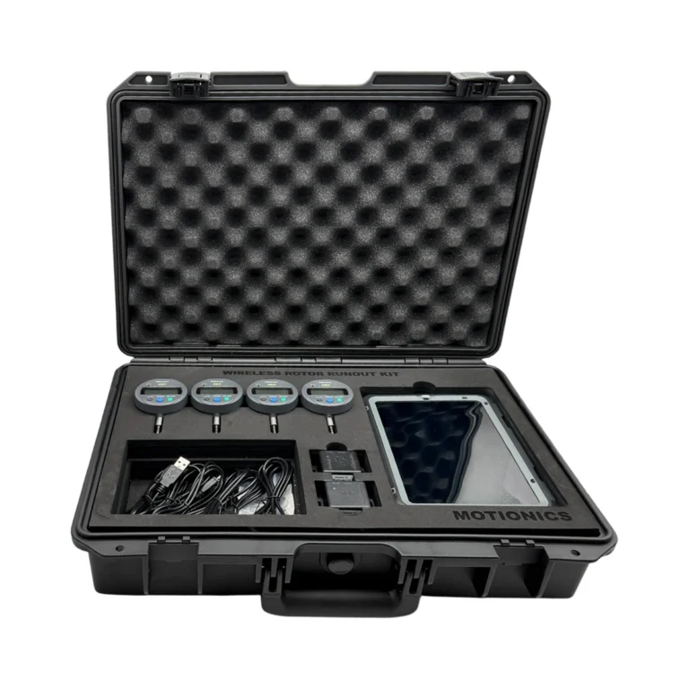 This Wireless Rotor Runout Kit includes 4x BlueDial Bluetooth Digital Dial Indicators, 2x BlueAngle Bluetooth Angle Sensors and 1x iPad with our Rotor Runout app. Secured in a protective carrying case with custom laser-cut foam. #RotorRunout #WirelessMeasurement #CustomApplicationKit [Ref: 1125251252]