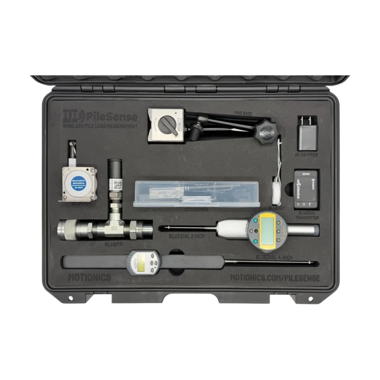 PileSense™ Wireless Load Deflection Test Kit – This PileSense™ custom kit includes 2x BlueDial Bluetooth Digital Dial Indicators, 1x BluePSI Bluetooth Pressure Sensor with 3/8" Quick Connect Coupler Set, 1x BluePot Bluetooth String Pot, 1x WiMER Wireless Transmitter, 1x Blue1x BlueKey Wireless Trigger Switch and 1x MagBase in a protective carrying case with custom laser-cut foam. #PileSense #WirelessMeasurement #CustomApplicationKit [Ref: 1208251034]