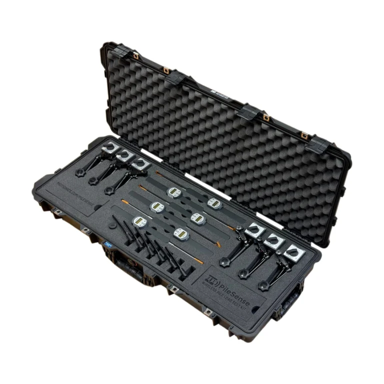 PileSense™: Wireless Load Deflection Test Kit – This PileSense™ Custom Kit includes 6x BlueDialLT Bluetooth Digital Dial Indicators, 6x WiMER1, 1x BluePSI Bluetooth Pressure Sensor and 6x MagBases in a large Pelican protective carrying case with custom laser-cut foam. #PileSense #WirelessMeasurement #CustomApplicationKit # [Ref: 1114251113]
