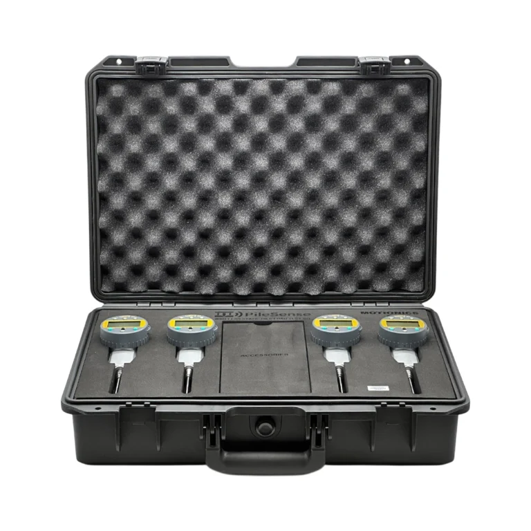 PileSense™ Wireless Load Deflection Test Kit – This PileSense kit includes 4x BlueDial Bluetooth Digital Dial Indicators in a protective carrying case with custom laser-cut foam. #PileSense #WirelessMeasurement #CustomApplicationKit [Ref: 1125251047]