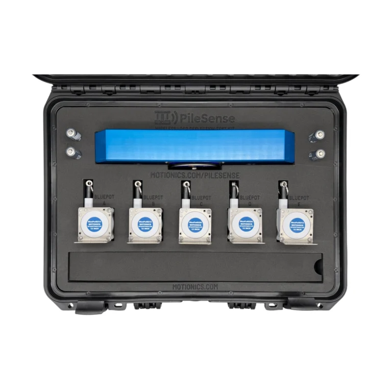 PileSense™: Wireless Load Deflection Test Kit – This PileSense™ Kit includes 5x BluePot Bluetooth String Pots and 1x Tension Load Cell in a protective carrying case with custom laser-cut foam. #PileSense #WirelessMeasurement #CustomApplicationKit [Ref: 1030251203]