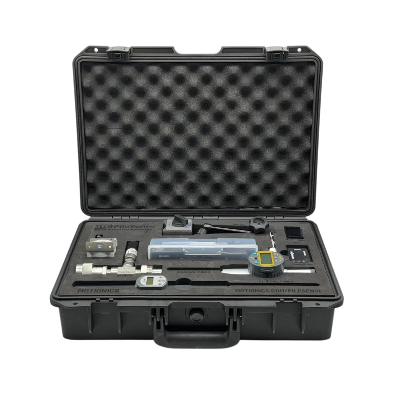 PileSense™ Wireless Load Deflection Test Kit – This PileSense™ custom kit includes 2x BlueDial Bluetooth Digital Dial Indicators, 1x BluePSI Bluetooth Pressure Sensor with 3/8" Quick Connect Coupler Set, 1x BluePot Bluetooth String Pot, 1x WiMER Wireless Transmitter, 1x Blue1x BlueKey Wireless Trigger Switch and 1x MagBase in a protective carrying case with custom laser-cut foam. #PileSense #WirelessMeasurement #CustomApplicationKit [Ref: 1208251034]