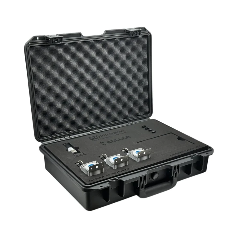 PileSense™: Wireless Load Deflection Test Kit – This PileSense™ Kit includes 3x BluePot Bluetooth String Pots and 1x BluePSI Bluetooth Pressure Sensor in custom laser-cut foam with Keller company branding. #PileSense #WirelessMeasurement #CustomApplicationKit [Ref: 1202251142]