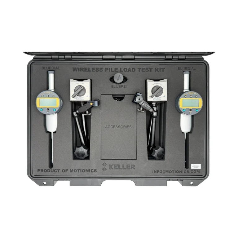 PileSense™ Wireless Load Deflection Test Kit – This PileSense™ Kit includes 2x BlueDial Bluetooth Digital Dial Indicators, 1x BluePSI Bluetooth Pressure Sensor and 2x MagBases in a protective carrying case with custom laser-cut foam. #PileSense #WirelessMeasurement #CustomApplicationKit [Ref: 1125250257]