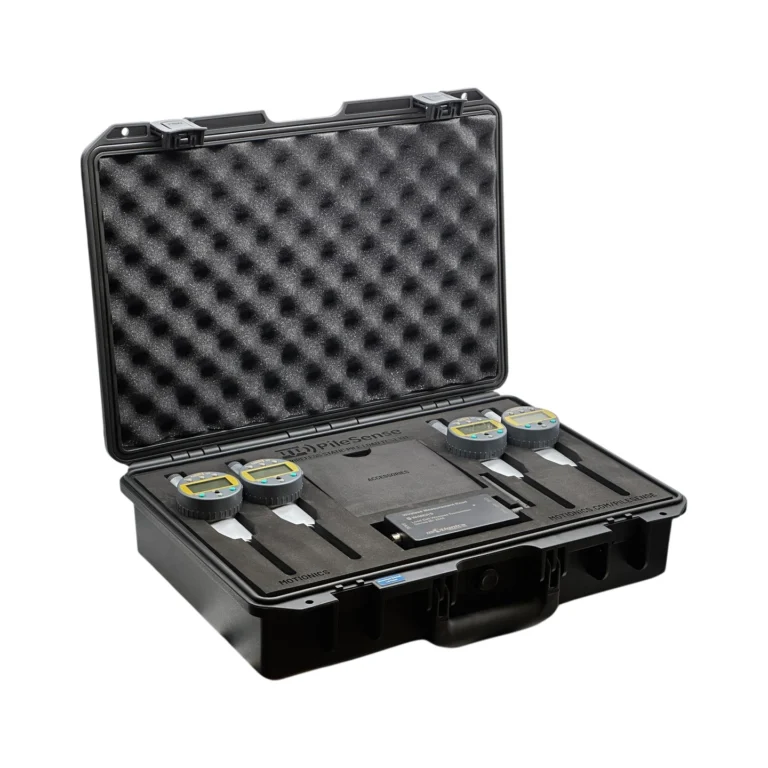 PileSense™ Wireless Load Deflection Test Kit – This PileSense™ custom kit includes 4x BlueDial Bluetooth Digital Dial Indicators and 1x WiMER Wireless Transmitter for Load Cells in a protective carrying case with custom laser-cut foam. #PileSense #WirelessMeasurement #CustomApplicationKit [Ref: 1203251207]