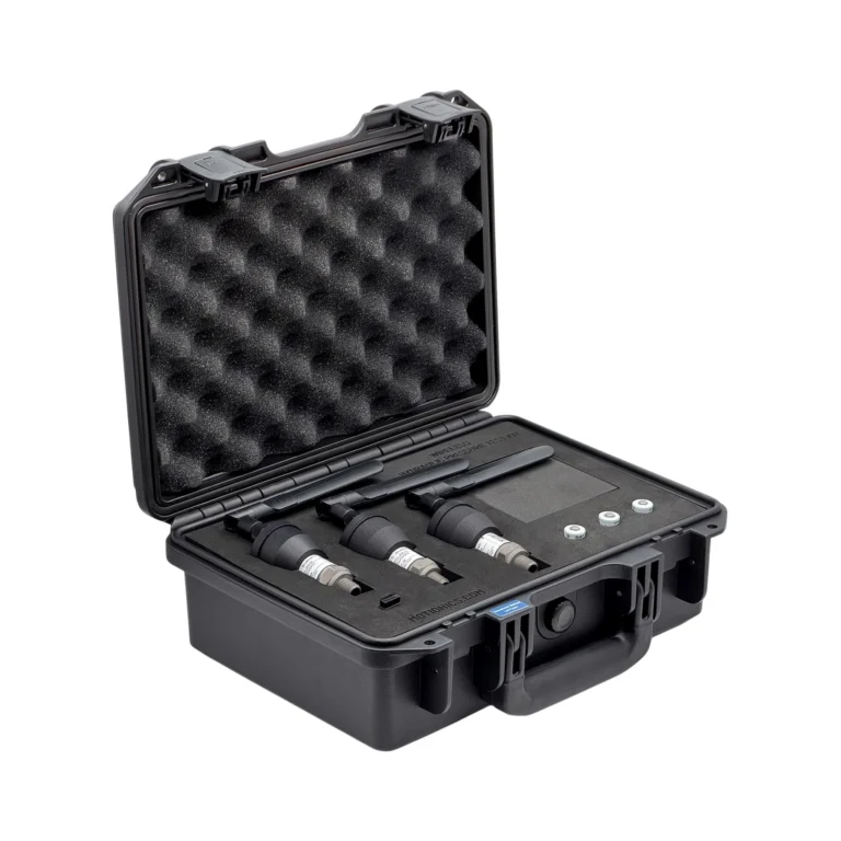 This custom Wireless Hydraulic Pressure Test Kit includes 3x BluePSI D Bluetooth pressure sensors with external long range antenna in a protective carrying case with custom laser-cut foam. #WirelessHydraulicTestKit #WirelessMeasurement #CustomApplicationKit [Ref: 0528260318]