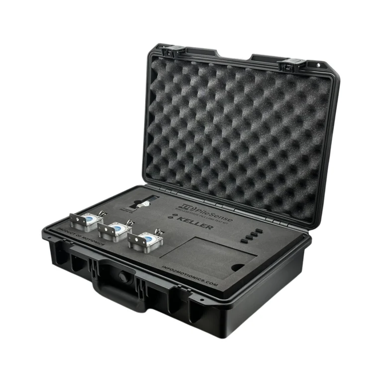 PileSense™: Wireless Load Deflection Test Kit – This PileSense™ Kit includes 3x BluePot Bluetooth String Pots and 1x BluePSI Bluetooth Pressure Sensor in custom laser-cut foam with Keller company branding. #PileSense #WirelessMeasurement #CustomApplicationKit [Ref: 1202251142]