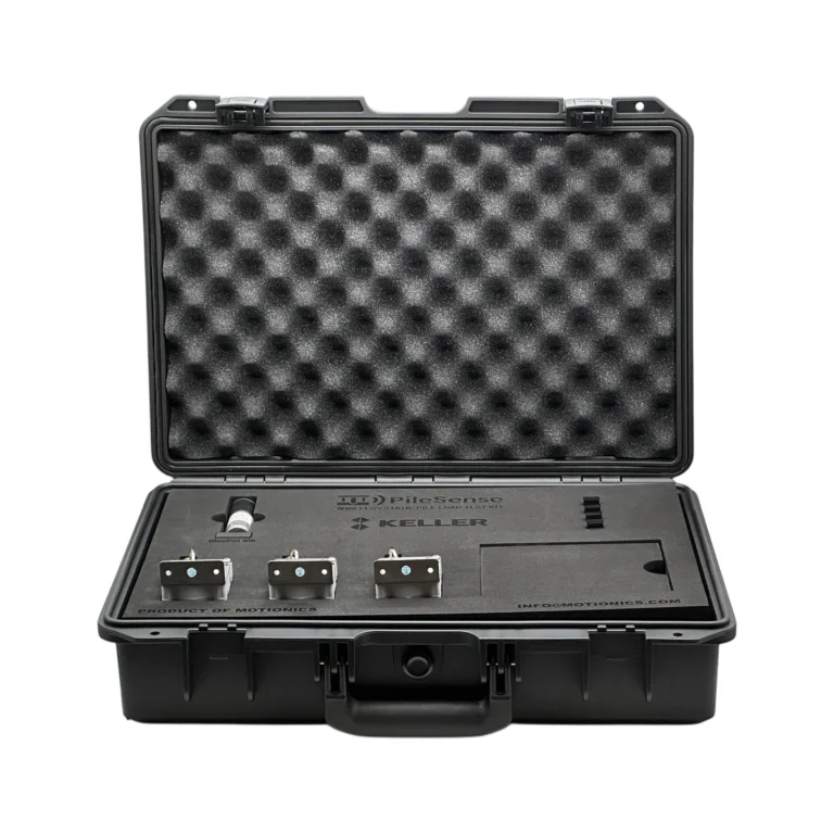 PileSense™: Wireless Load Deflection Test Kit – This PileSense™ Kit includes 3x BluePot Bluetooth String Pots and 1x BluePSI Bluetooth Pressure Sensor in custom laser-cut foam with Keller company branding. #PileSense #WirelessMeasurement #CustomApplicationKit [Ref: 1202251142]