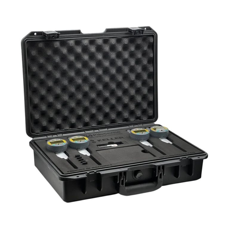 PileSense™: Wireless Load Deflection Test Kit – This PileSense™ Kit includes 4x BlueDial Bluetooth Digital Dial Indicators and 1x BluePSI Bluetooth Pressure Sensor in custom laser-cut foam with Keller company branding. #PileSense #WirelessMeasurement #CustomApplicationKit [Ref: 1202251111]