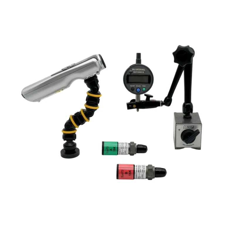 Wireless Inspection Kit – This custom kit includes 2x BluePSI Bluetooth Pressure Sensors, 1x BlueDial Bluetooth Digital Dial Indicator, 1x MagBase for BlueDial, 1x BlueTak Bluetooth Tachometer with 1x Flexible MagBase and 1x Small MagBase plus accessories. These tools are integrated into a protective carrying case with custom laser-cut foam. #WirelessInspectionKit #WirelessMeasurement #CustomApplicationKit [Ref: 1203250103]