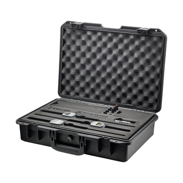 PileSense™: Wireless Load Deflection Test Kit – This PileSense™ Kit includes 3x BlueDial Bluetooth Digital Dial Indicators, 3x WiMER and 1x BluePSI Bluetooth Pressure Sensor in custom laser-cut foam with Keller company branding. #PileSense #WirelessMeasurement #CustomApplicationKit [Ref: 1202250516]