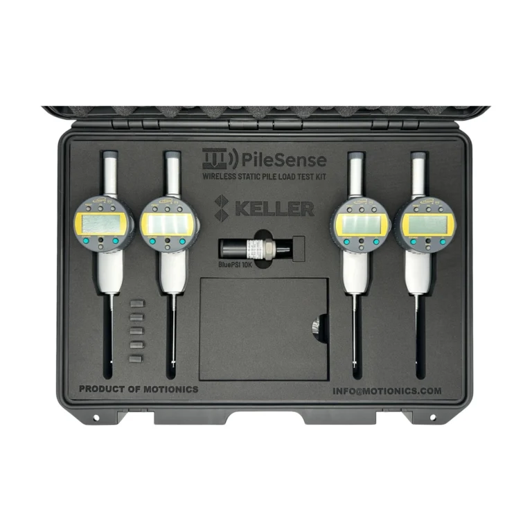 PileSense™: Wireless Load Deflection Test Kit – This PileSense™ Kit includes 4x BlueDial Bluetooth Digital Dial Indicators and 1x BluePSI Bluetooth Pressure Sensor in custom laser-cut foam with Keller company branding. #PileSense #WirelessMeasurement #CustomApplicationKit [Ref: 1202251111]