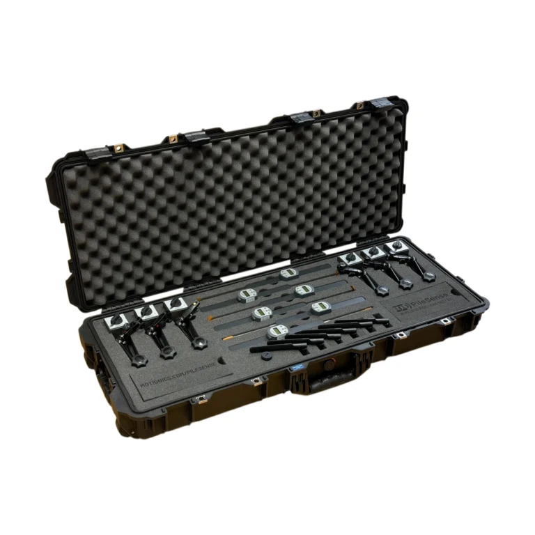PileSense™: Wireless Load Deflection Test Kit – This PileSense™ Custom Kit includes 6x BlueDialLT Bluetooth Digital Dial Indicators, 6x WiMER1, 1x BluePSI Bluetooth Pressure Sensor and 6x MagBases in a large Pelican protective carrying case with custom laser-cut foam. #PileSense #WirelessMeasurement #CustomApplicationKit # [Ref: 1114251113]