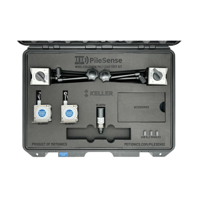 PileSense™: Wireless Load Deflection Test Kit – This PileSense™ Kit includes 2x BluePot Bluetooth String Pots, 2x MagBases and 1x BluePSI Bluetooth Pressure Sensor in custom laser-cut foam with Keller company branding. #PileSense #WirelessMeasurement #CustomApplicationKit [Ref: 1029250112]