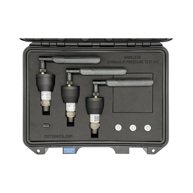 This custom Wireless Hydraulic Pressure Test Kit includes 3x BluePSI D Bluetooth pressure sensors with external long range antenna in a protective carrying case with custom laser-cut foam. #WirelessHydraulicTestKit #WirelessMeasurement #CustomApplicationKit [Ref: 0528260318]