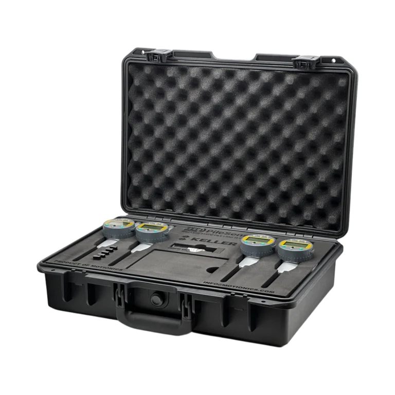 PileSense™: Wireless Load Deflection Test Kit – This PileSense™ Kit includes 4x BlueDial Bluetooth Digital Dial Indicators and 1x BluePSI Bluetooth Pressure Sensor in custom laser-cut foam with Keller company branding. #PileSense #WirelessMeasurement #CustomApplicationKit [Ref: 1202251111]